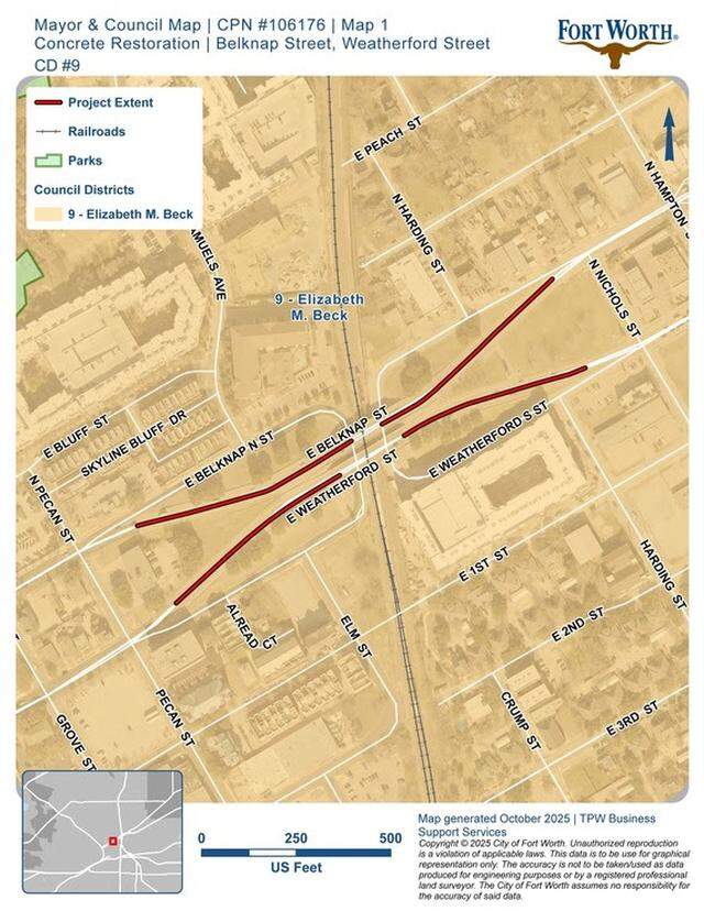 Lane closures and traffic delays are expected along East Weatherford Street and East Belknap Street between Pecan Street and Nichols Street as construction runs from March 30 through July 31, 2026, with a pause during the FIFA World Cup.